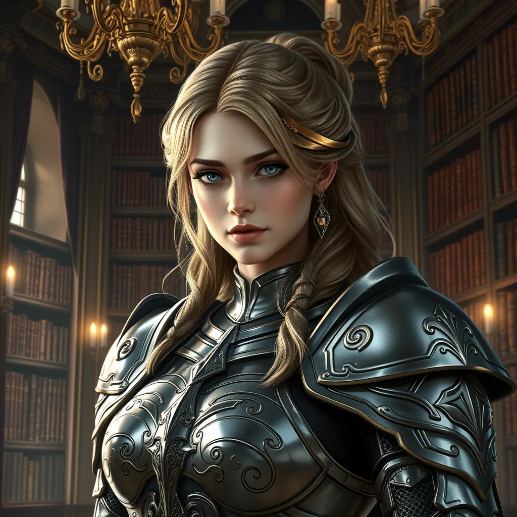 A portrait of Fiora, the noble warrior, in a grand library filled with ancient tomes, her armor gleaming under the soft light of chandeliers, her eyes sharp and focused, rendered in high detail