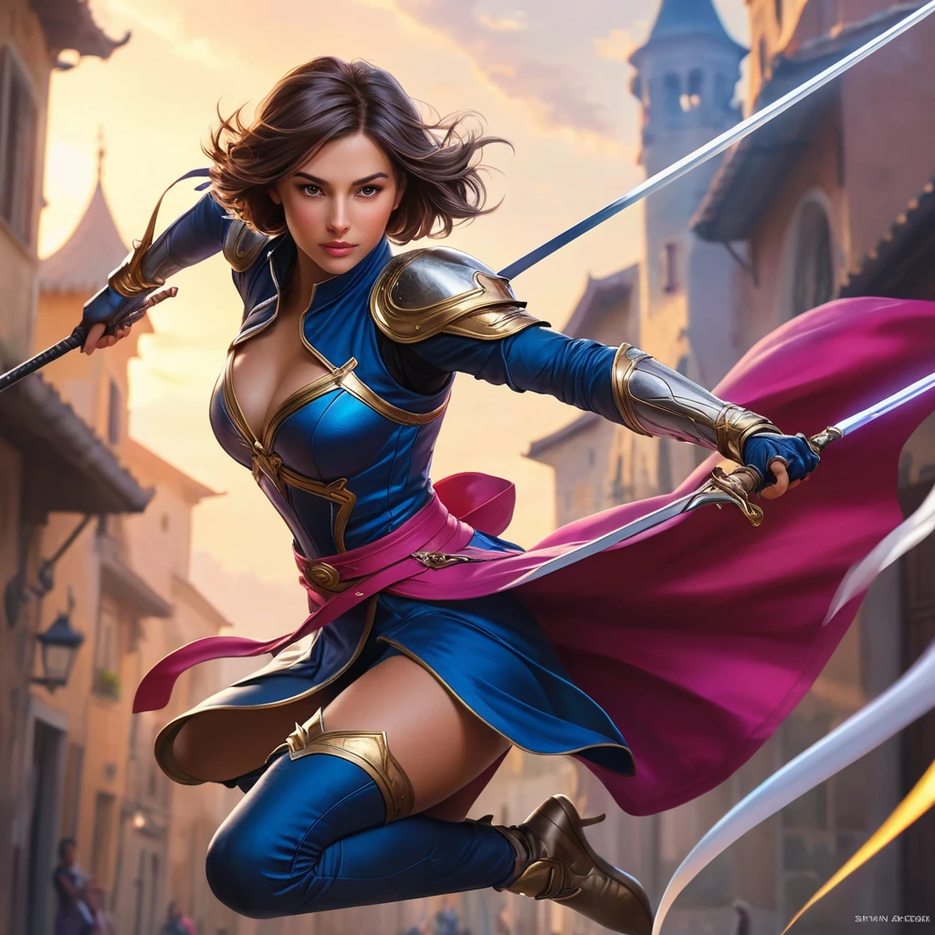 An action shot of Fiora, mid-combat, leaping through the air with her rapier poised to strike, the background a blur of vibrant colors symbolizing her dynamic movements, digital illustration