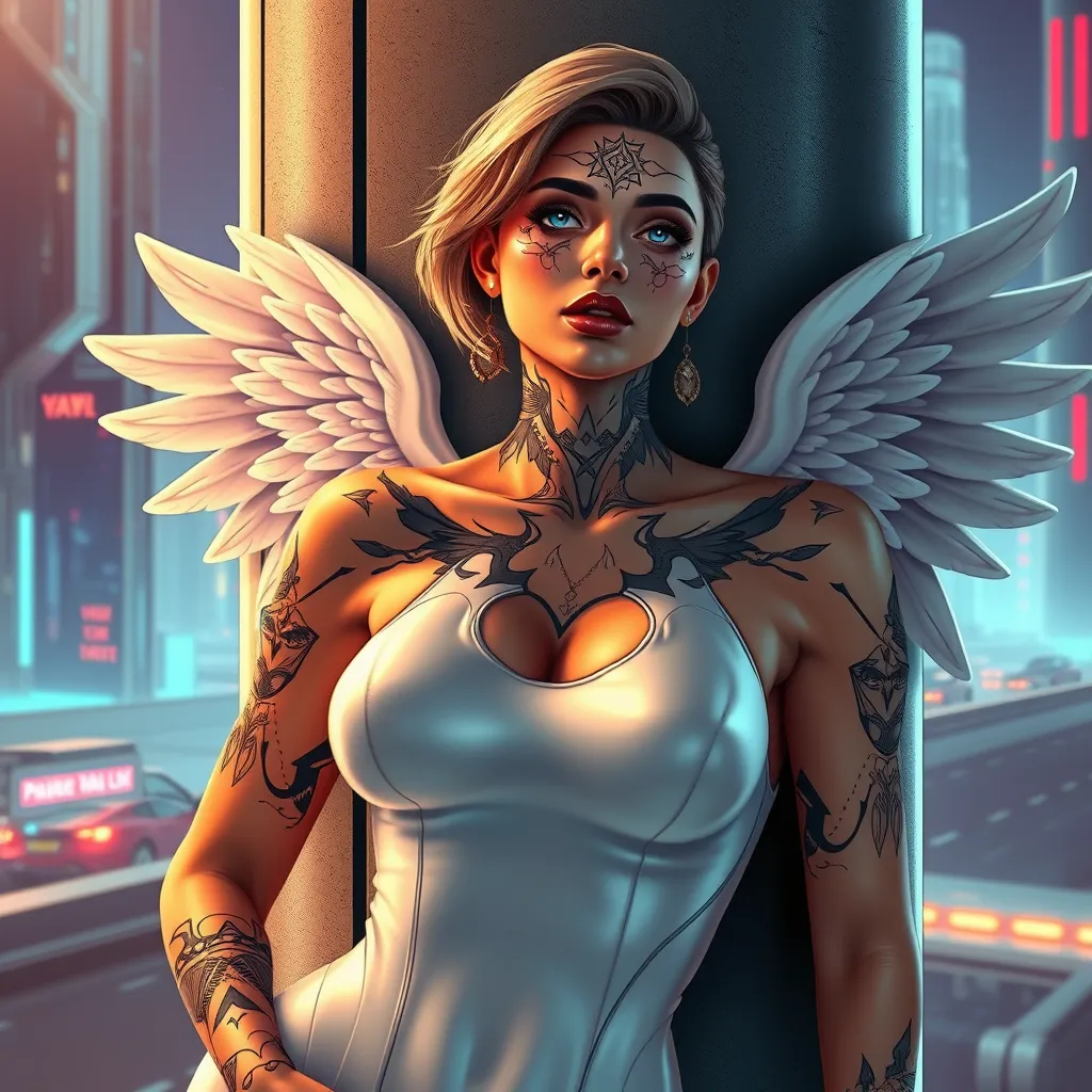 Kayle, sporting bold, celestial-style tattoos that trace the contours of her face and neck, wearing a sleek, white bodysuit with angelic wings, leaning against a pillar in a futuristic, space-age cityscape.