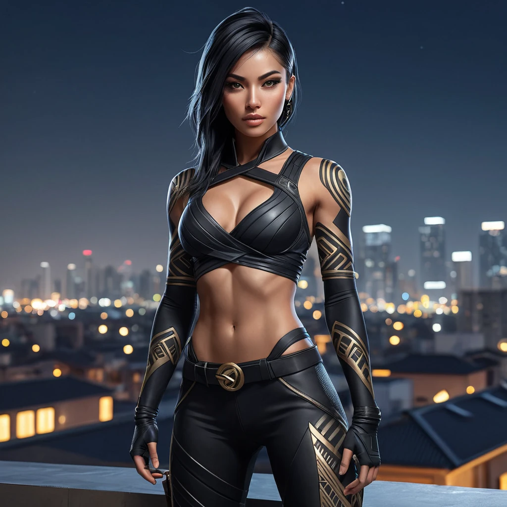 Akali, the stealthy assassin, with striking, tribal-style tattoos that wrap around her arms and torso, wearing a form-fitting, black combat suit, poised in a shadowy, urban rooftop setting with city lights twinkling in the background.