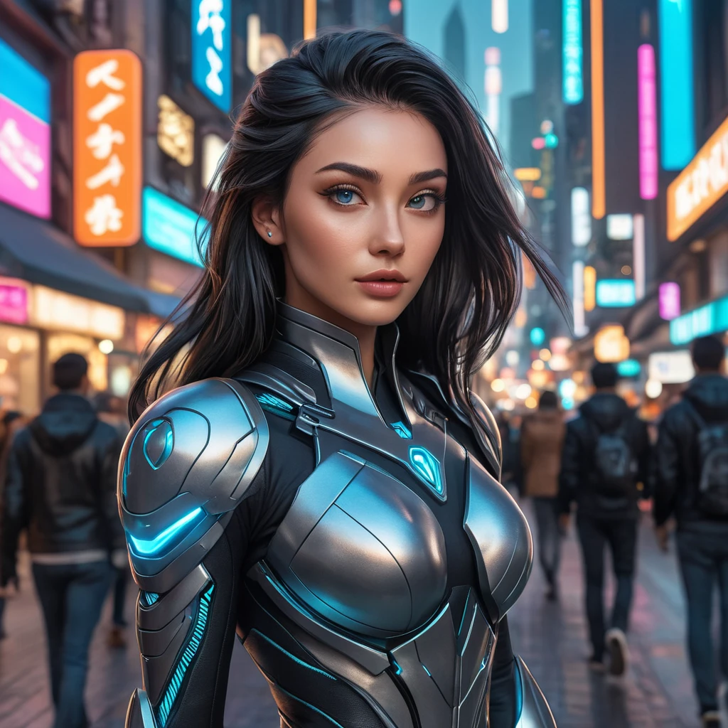 Irelia, in a futuristic, cyber-leathered outfit with digital, animated tattoos that sync with her movements, walking down a bustling, neon-lit street of a futuristic city, her eyes sharp and focused as she navigates the crowd.