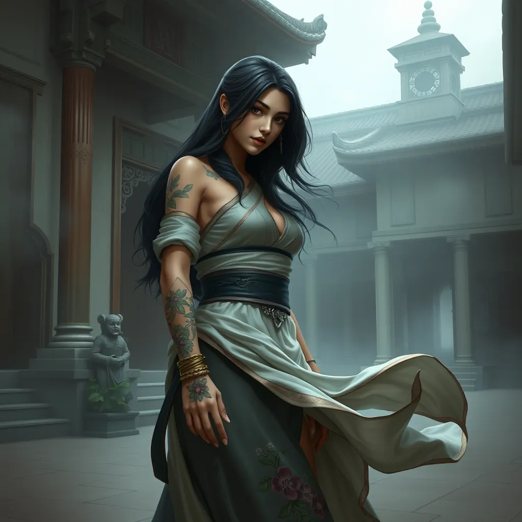 Akali, with delicate, floral tattoos that bloom across her wrists and ankles, dressed in a flowing, assassin's robe that subtly reveals her ink, standing in a misty, ancient temple courtyard.