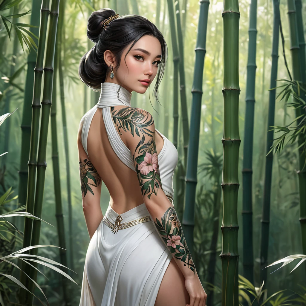 Irelia, the graceful bladesinger, with elegant, floral-inspired tattoos that cover her arms and back, wearing a traditional, Ionian-style outfit with a high collar, standing in a serene, bamboo forest with her blades poised.