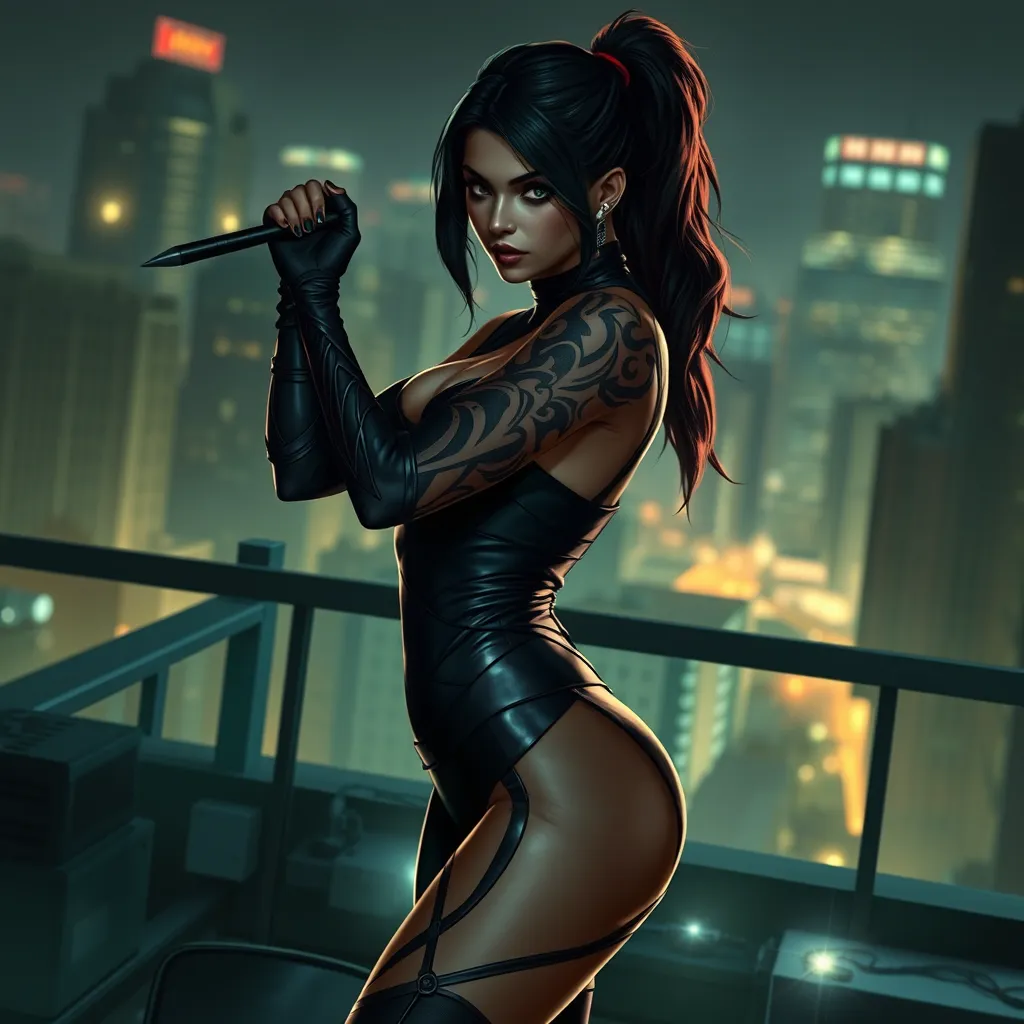 Akali, the stealthy assassin, with striking, tribal-style tattoos that wrap around her arms and torso, wearing a form-fitting, black combat suit, poised in a shadowy, urban rooftop setting with city lights twinkling in the background.