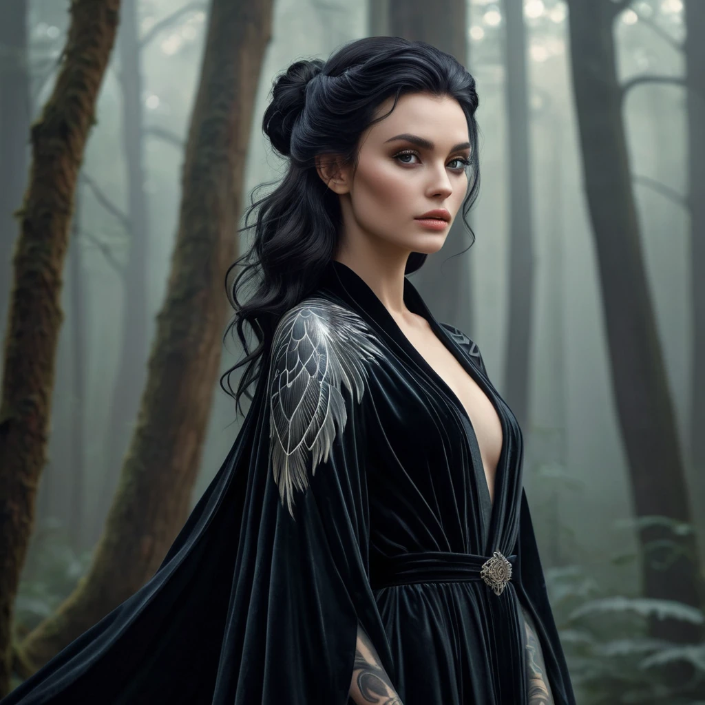 Morgana, with delicate, feather-like tattoos that flutter across her shoulders and down her spine, dressed in a flowing, dark velvet robe, standing in a misty, enchanted forest with ghostly trees surrounding her.