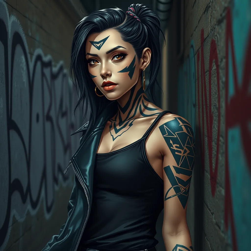 Akali, sporting bold, geometric tattoos that trace the contours of her face and neck, wearing a sleek, leather jacket over a black tank top, leaning against a graffiti-covered wall in a dimly lit, industrial alleyway.