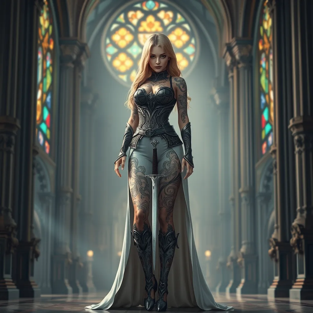 Kayle, adorned with intricate, sword-inspired tattoos that wrap around her legs and torso, dressed in a majestic, medieval-style robe with a high collar, standing in a grand, cathedral-like hall with stained-glass windows casting colorful light.