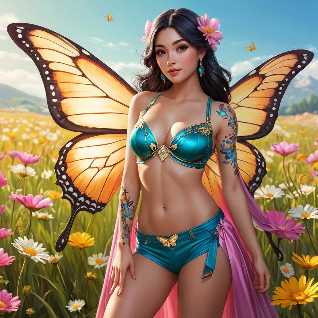 Irelia, with delicate, butterfly tattoos that flutter across her wrists and ankles, dressed in a vibrant, festival-style outfit, standing in a sunlit, flower-filled meadow with her blades sheathed.