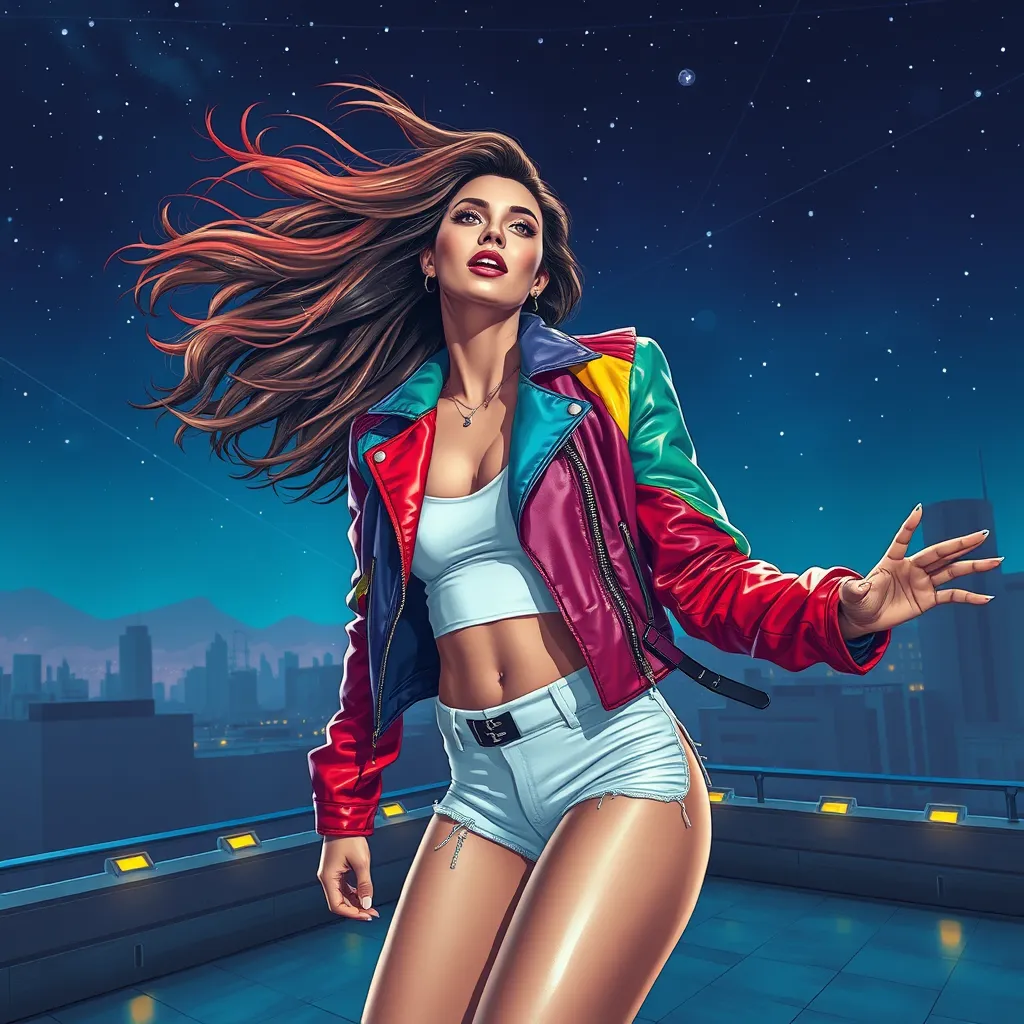 Seraphine, the vibrant songstress, wearing a vibrant, multi-colored leather jacket over a white crop top, her hair flowing freely as she performs on a rooftop stage under a starry night sky.