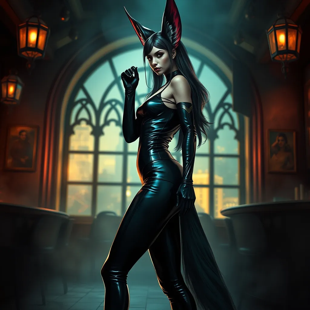 Ahri, the enigmatic fox-woman, clad in form-fitting black leather that accentuates her lithe, feline grace, standing amidst a dimly lit, smoky jazz club with a backdrop of shimmering city lights seen through large, arched windows.