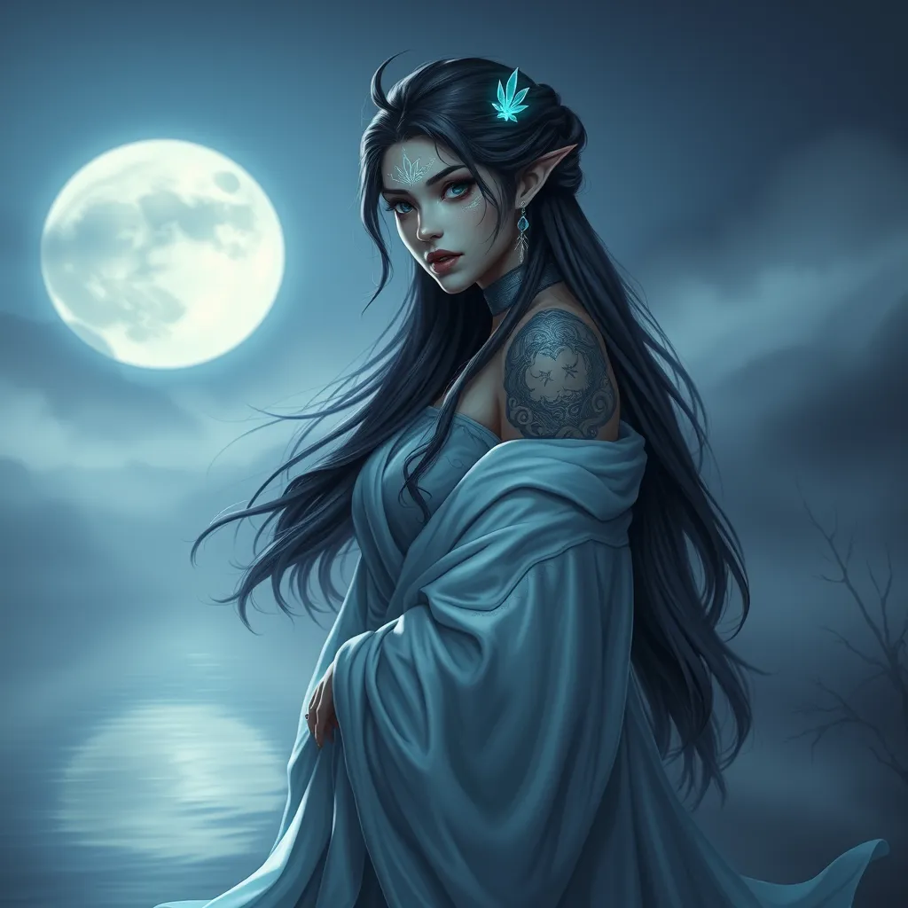 Ahri, with mystical, glowing tattoos that trace the contours of her face and ears, dressed in a flowing, silk robe that subtly reveals her ink, standing at the edge of a misty, moonlit lake.