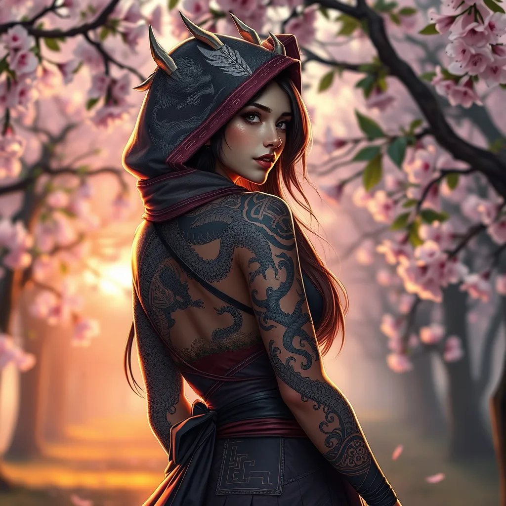 Akali, adorned with intricate, dragon-themed tattoos that cover her back and shoulders, dressed in a traditional, Japanese-inspired outfit with a hood, standing in a serene, cherry blossom grove at dusk.