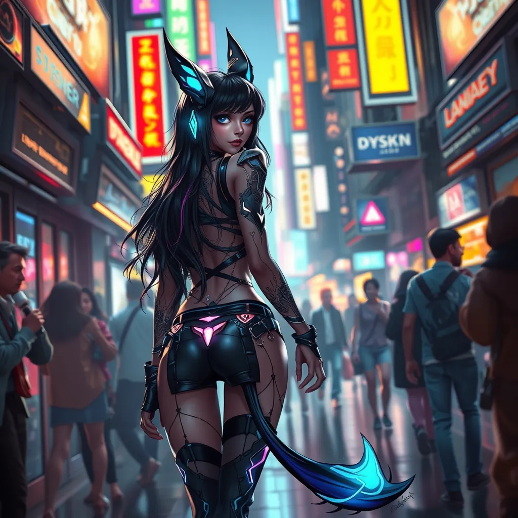 Ahri, in a futuristic, cyberpunk-inspired outfit with digital, animated tattoos that flicker with neon lights, walking down a bustling, neon-lit street of a cyberpunk city, her tail swishing playfully as she navigates the crowd.