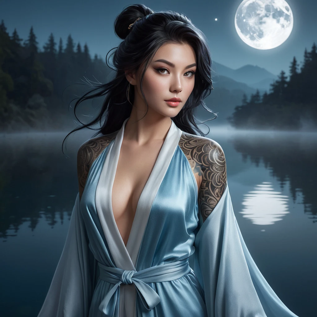 Ahri, with mystical, glowing tattoos that trace the contours of her face and ears, dressed in a flowing, silk robe that subtly reveals her ink, standing at the edge of a misty, moonlit lake.