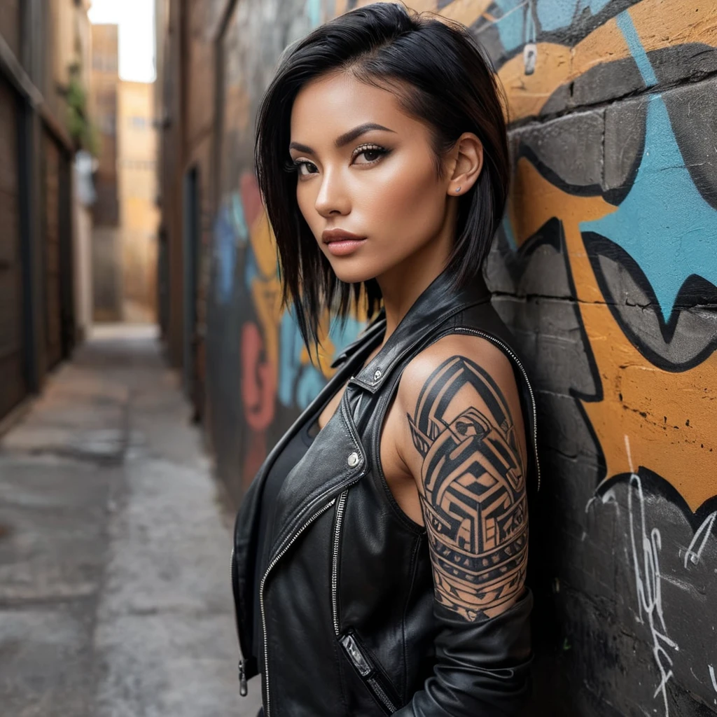 Akali, sporting bold, geometric tattoos that trace the contours of her face and neck, wearing a sleek, leather jacket over a black tank top, leaning against a graffiti-covered wall in a dimly lit, industrial alleyway.