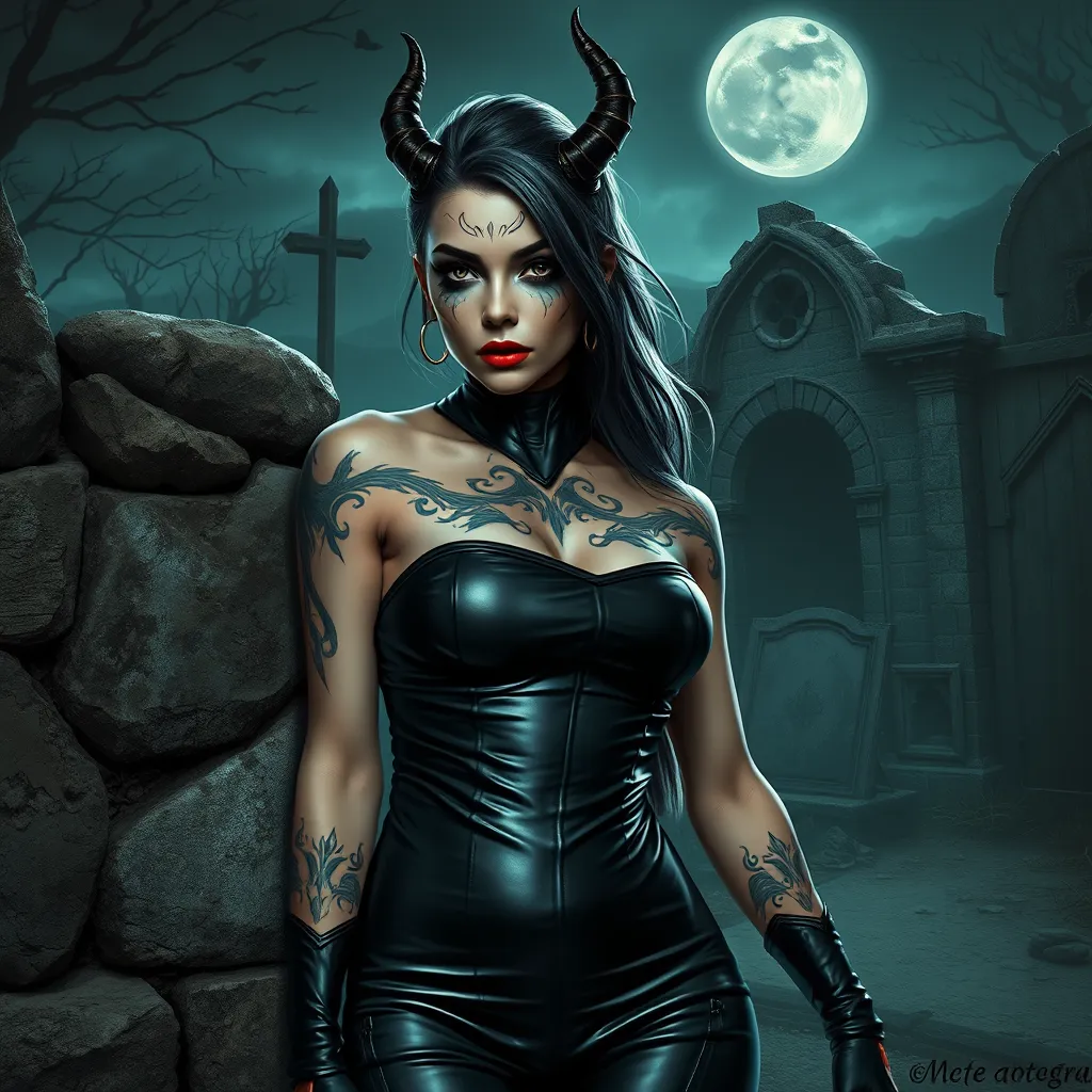 Morgana, sporting bold, demonic-style tattoos that trace the contours of her face and neck, wearing a sleek, leather bodysuit, leaning against a crumbling, ancient stone wall in a desolate, moonlit graveyard.