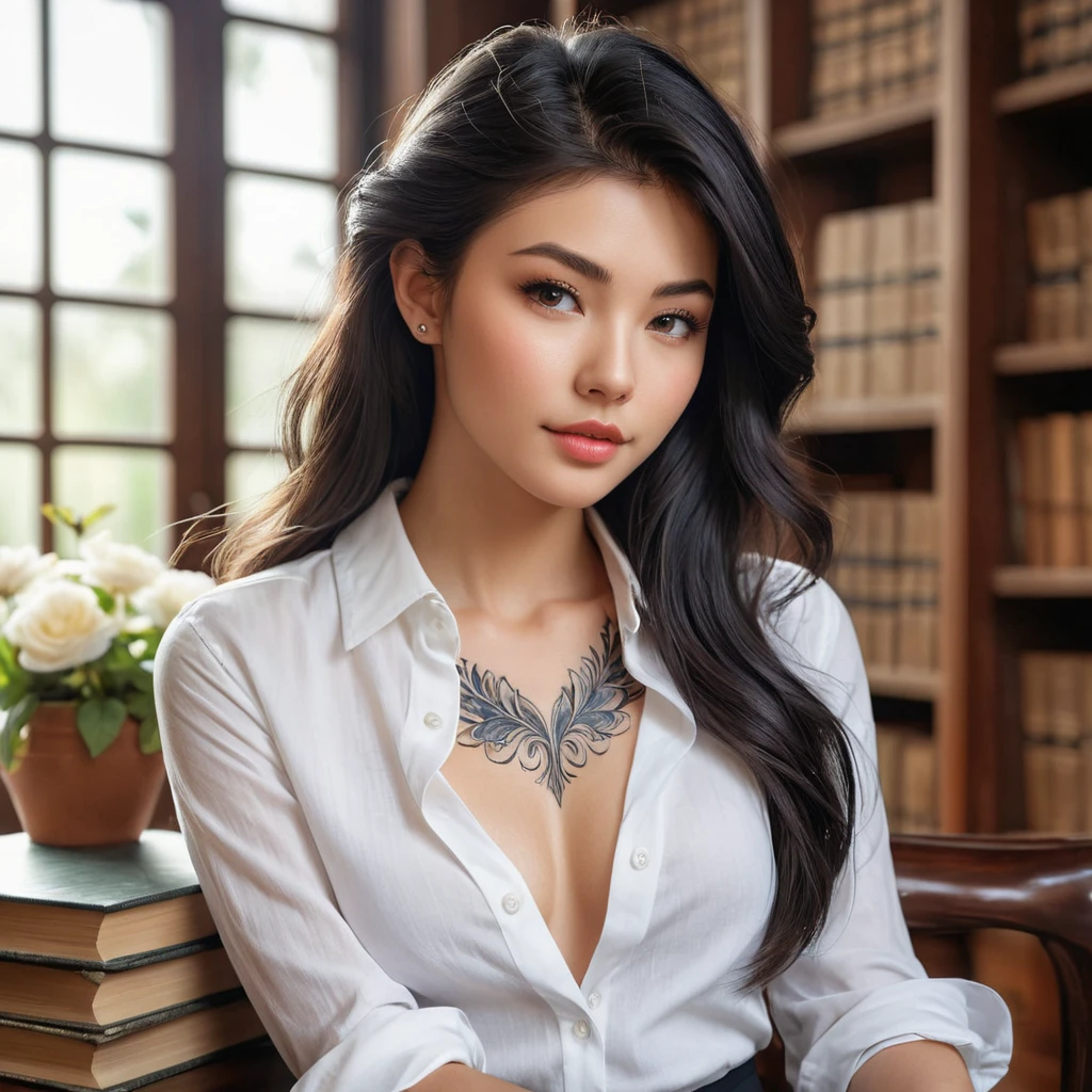 Ahri, with delicate, floral tattoos that bloom across her shoulders and down her spine, dressed in a classic, white button-down shirt that is artfully unbuttoned, sitting in a cozy, book-filled library.