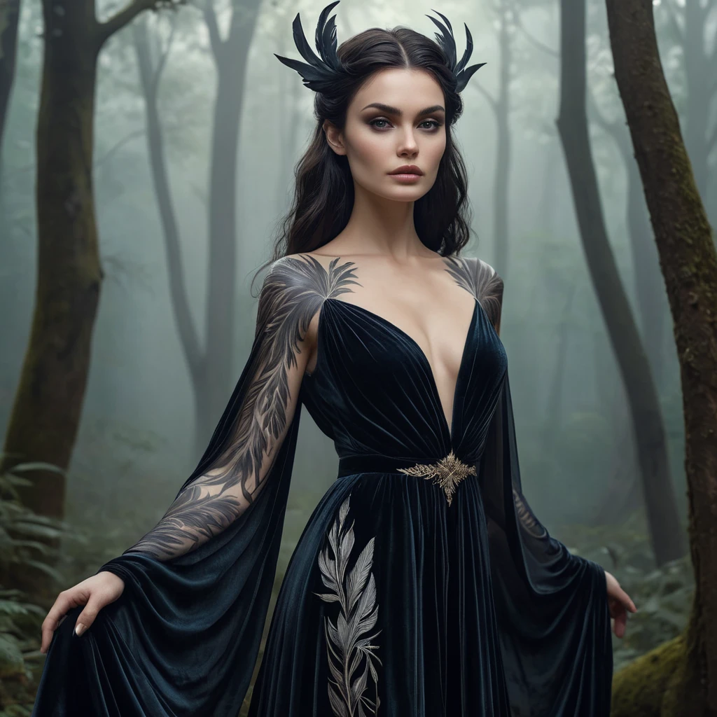 Morgana, with delicate, feather-like tattoos that flutter across her shoulders and down her spine, dressed in a flowing, dark velvet robe, standing in a misty, enchanted forest with ghostly trees surrounding her.