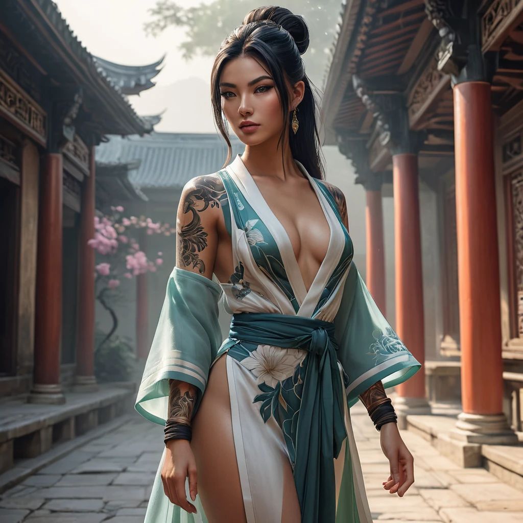 Akali, with delicate, floral tattoos that bloom across her wrists and ankles, dressed in a flowing, assassin's robe that subtly reveals her ink, standing in a misty, ancient temple courtyard.