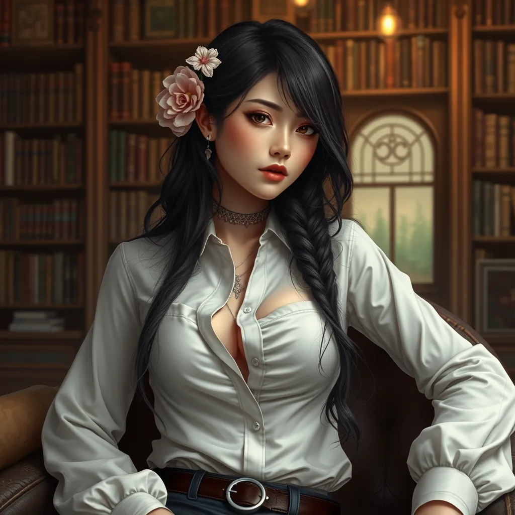 Ahri, with delicate, floral tattoos that bloom across her shoulders and down her spine, dressed in a classic, white button-down shirt that is artfully unbuttoned, sitting in a cozy, book-filled library.