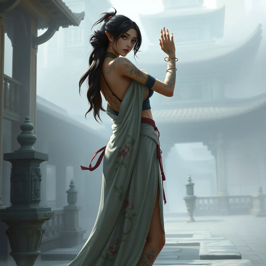 Akali, with delicate, floral tattoos that bloom across her wrists and ankles, dressed in a flowing, assassin's robe that subtly reveals her ink, standing in a misty, ancient temple courtyard.