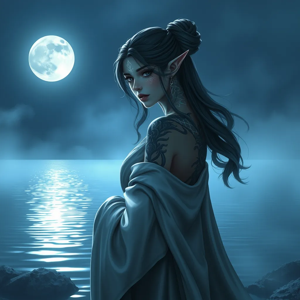 Ahri, with mystical, glowing tattoos that trace the contours of her face and ears, dressed in a flowing, silk robe that subtly reveals her ink, standing at the edge of a misty, moonlit lake.