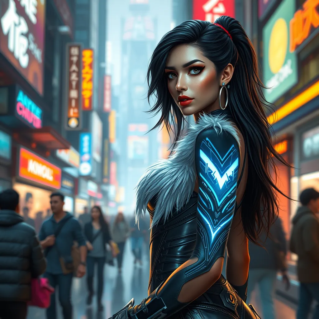 Irelia, in a futuristic, cyber-leathered outfit with digital, animated tattoos that sync with her movements, walking down a bustling, neon-lit street of a futuristic city, her eyes sharp and focused as she navigates the crowd.