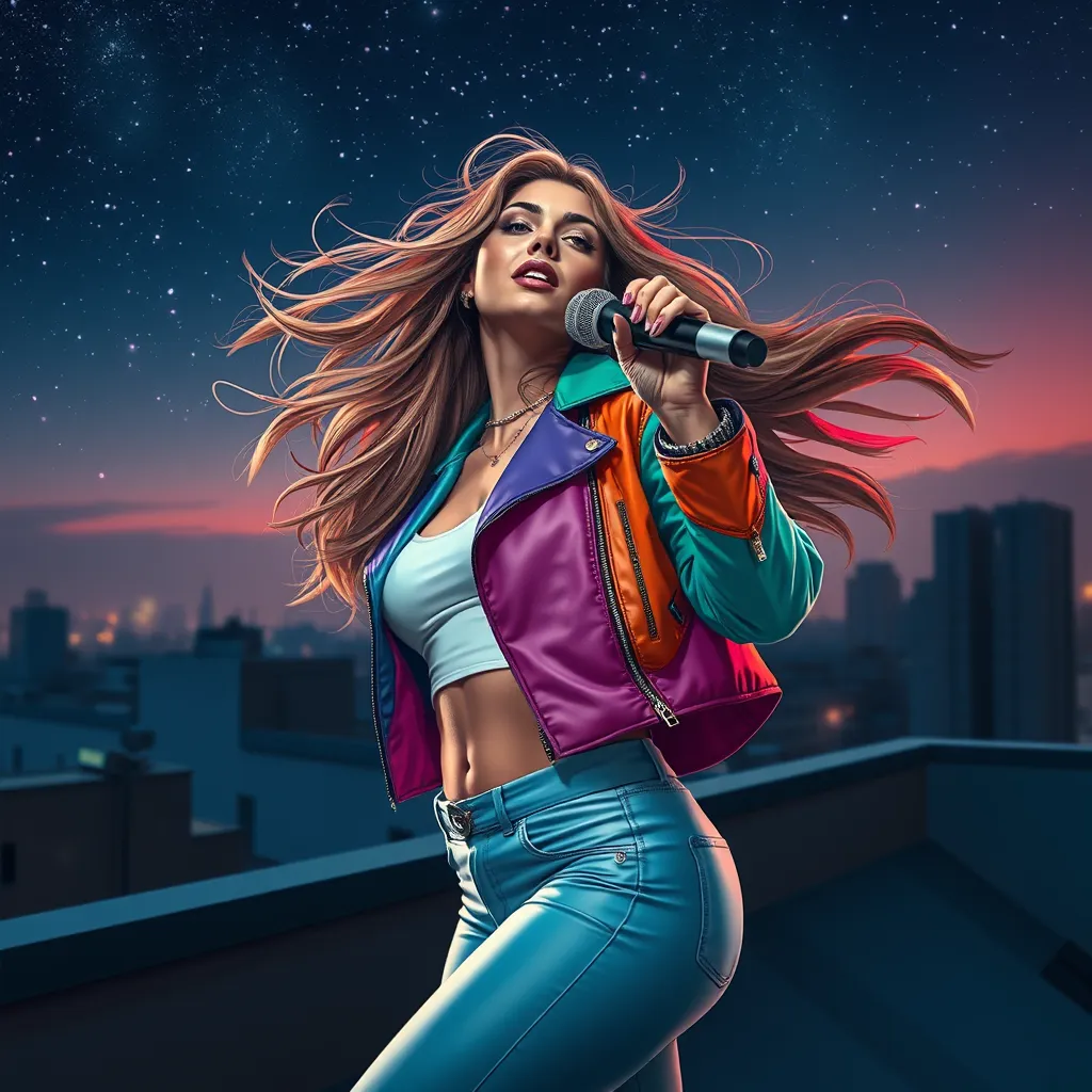 Seraphine, the vibrant songstress, wearing a vibrant, multi-colored leather jacket over a white crop top, her hair flowing freely as she performs on a rooftop stage under a starry night sky.