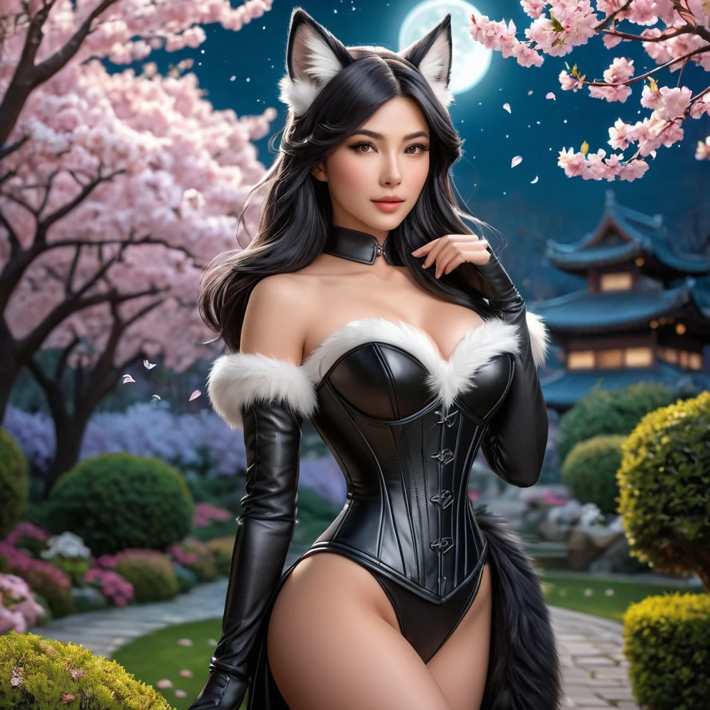 Ahri, with her ears and tail outlined in a soft, luminous fur, wearing a sleek, corset-style leather outfit that hugs her curves, posed in a lush, moonlit garden with cherry blossoms gently falling around her.