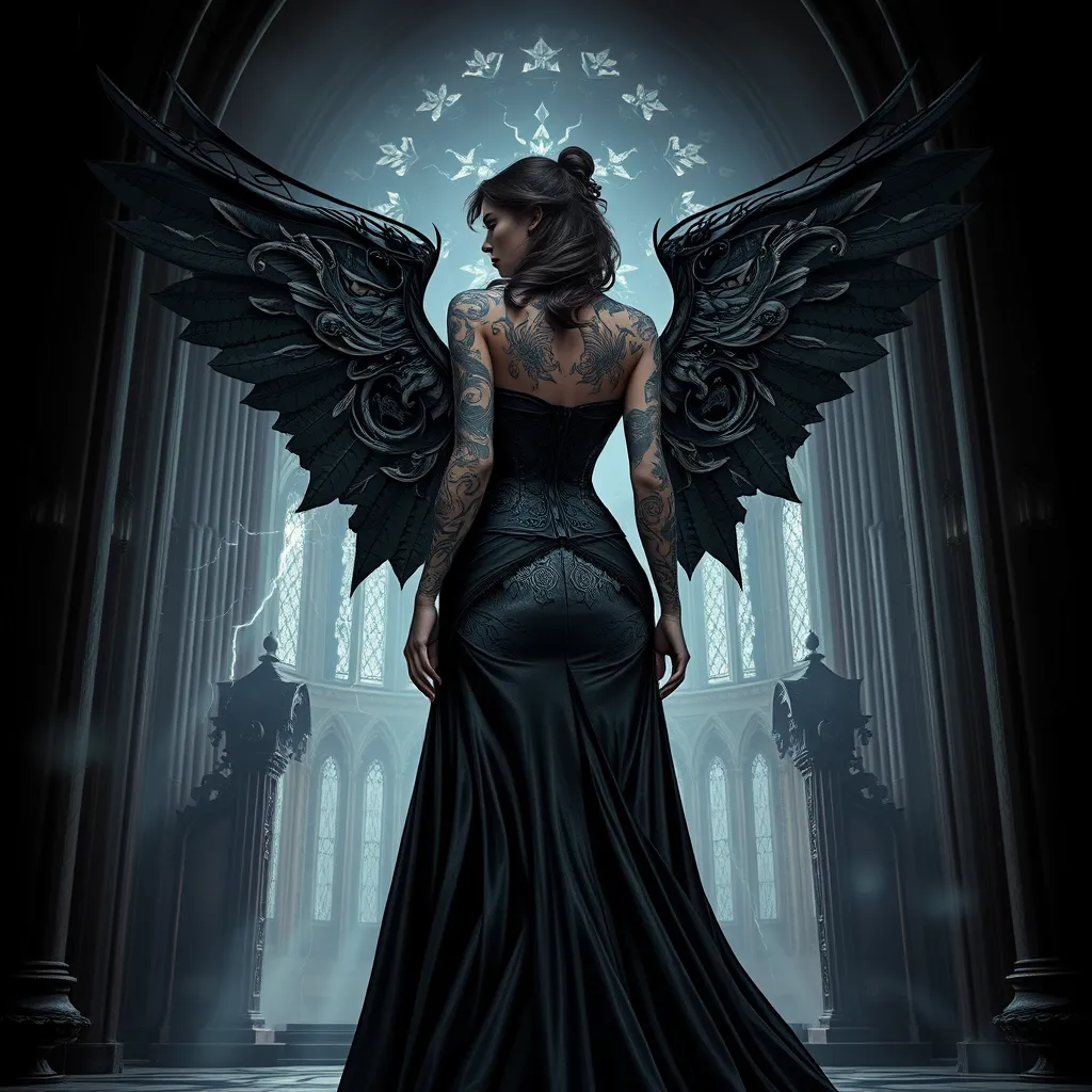 Morgana, the fallen angel, with dark, angelic-themed tattoos that cover her wings and back, wearing a dramatic, black corset and long, flowing skirt, standing in a stormy, gothic cathedral with lightning flashing outside.