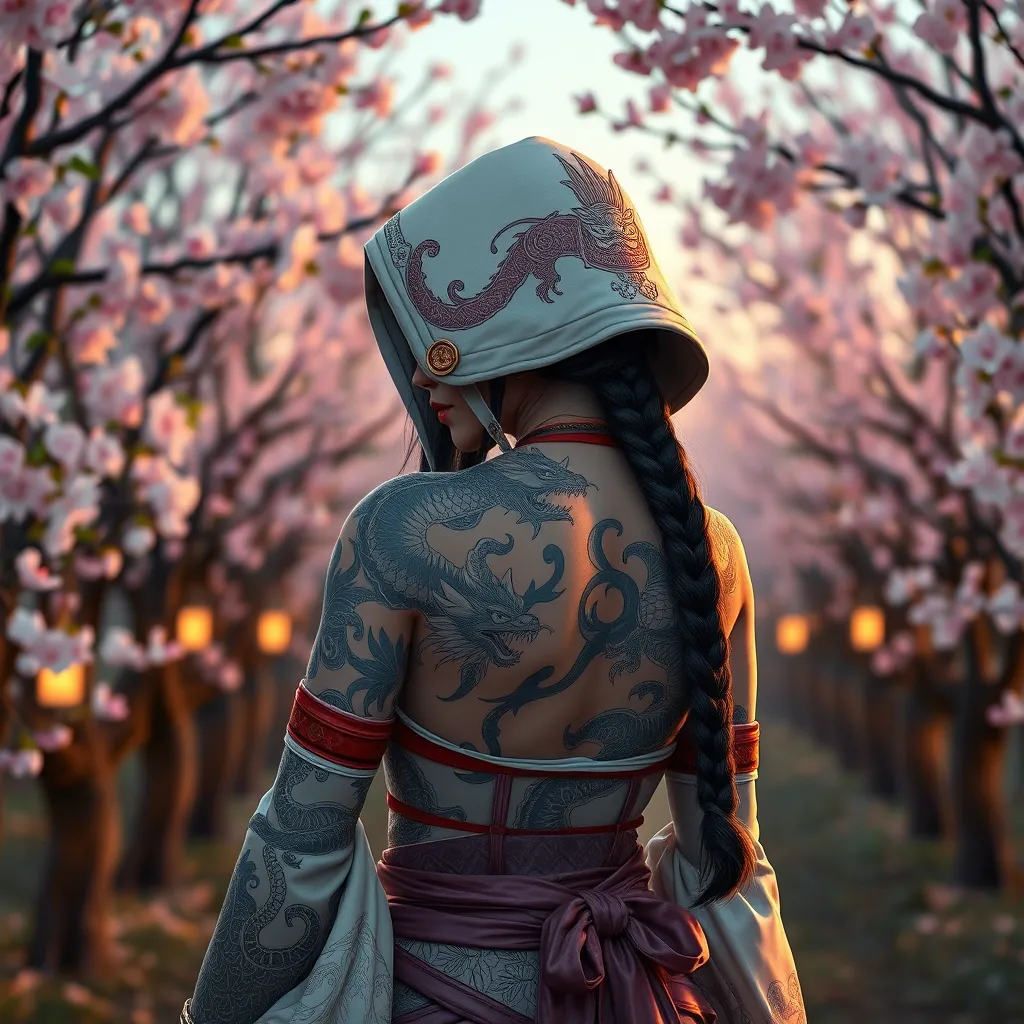 Akali, adorned with intricate, dragon-themed tattoos that cover her back and shoulders, dressed in a traditional, Japanese-inspired outfit with a hood, standing in a serene, cherry blossom grove at dusk.