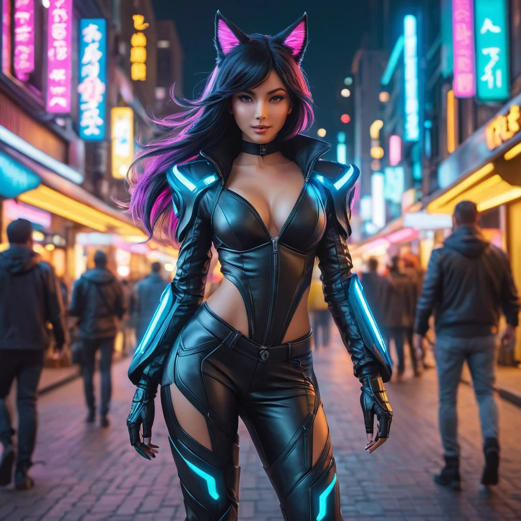 Ahri, adorned in a futuristic, cyberpunk-inspired leather ensemble with neon accents, walking down a bustling, neon-lit street of a cyberpunk city, her tail swishing playfully as she navigates the crowd.