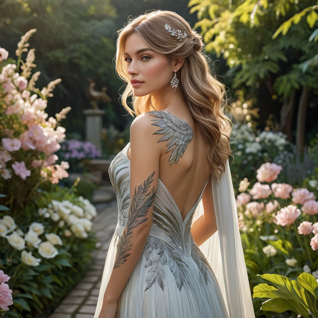 Kayle, with delicate, feather-like tattoos that flutter across her shoulders and down her back, dressed in a flowing, ethereal gown, standing in a serene, garden setting with radiant flowers blooming around her.