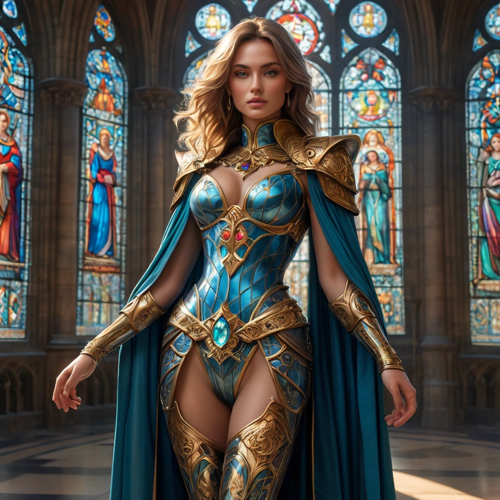 Kayle, adorned with intricate, sword-inspired tattoos that wrap around her legs and torso, dressed in a majestic, medieval-style robe with a high collar, standing in a grand, cathedral-like hall with stained-glass windows casting colorful light.