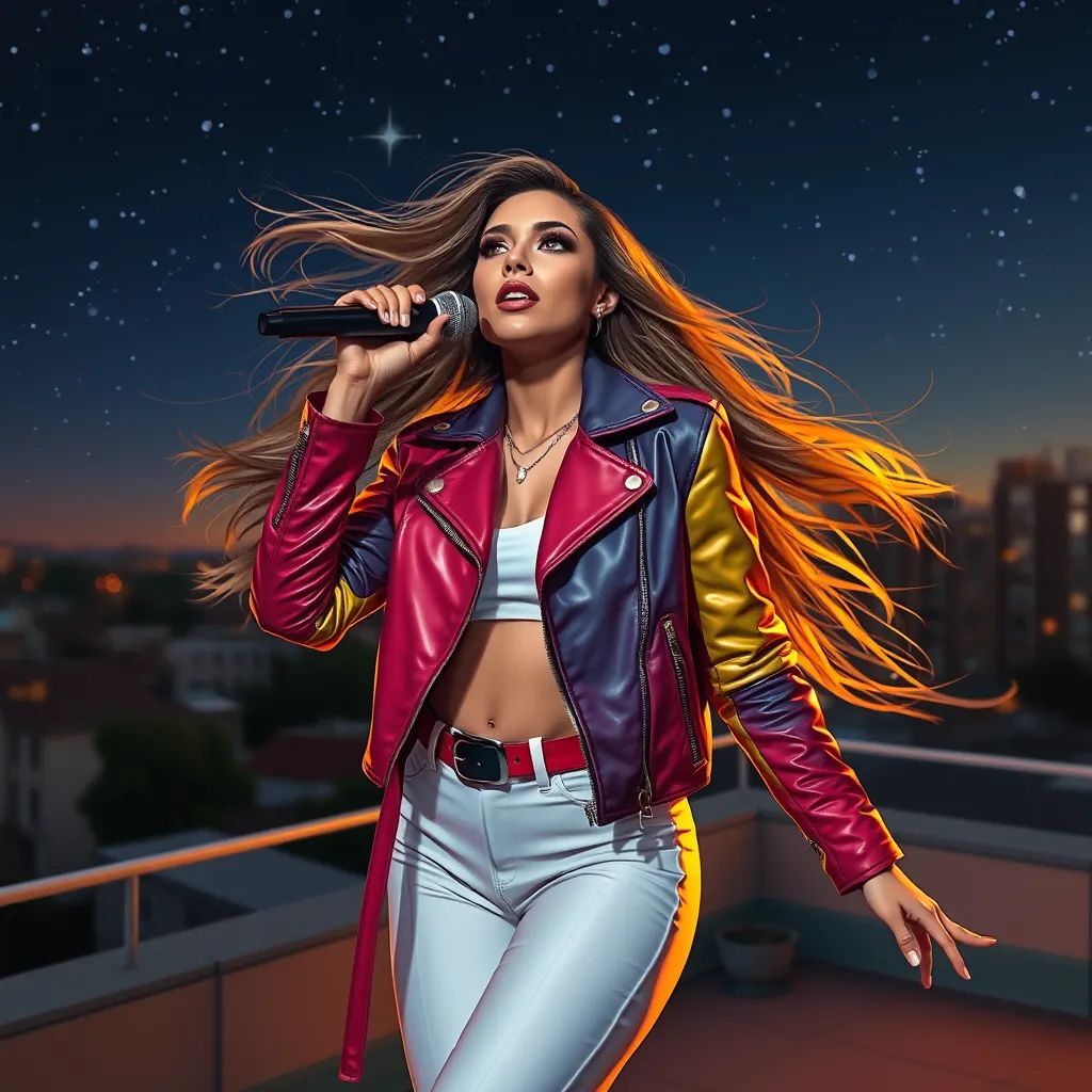 Seraphine, the vibrant songstress, wearing a vibrant, multi-colored leather jacket over a white crop top, her hair flowing freely as she performs on a rooftop stage under a starry night sky.