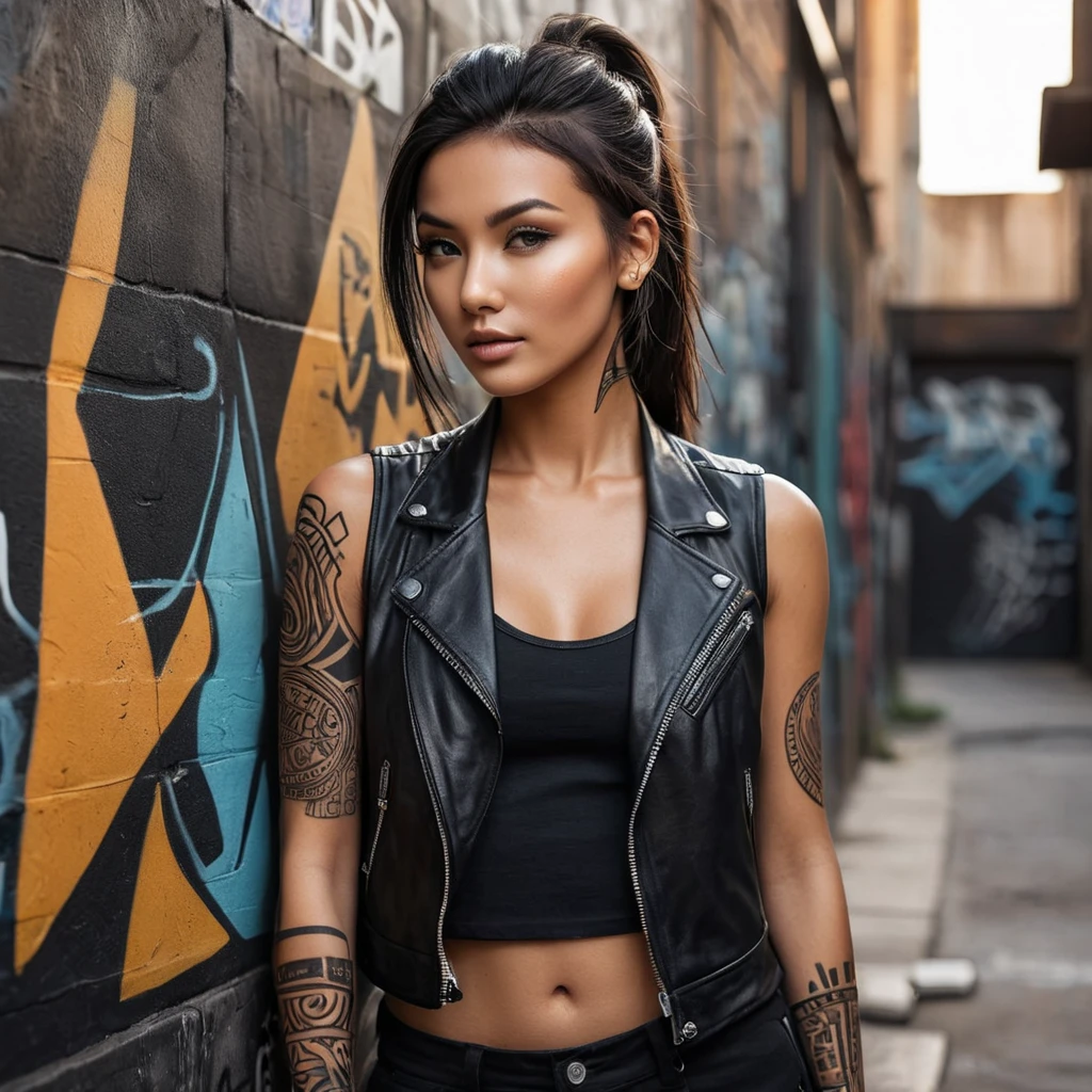 Akali, sporting bold, geometric tattoos that trace the contours of her face and neck, wearing a sleek, leather jacket over a black tank top, leaning against a graffiti-covered wall in a dimly lit, industrial alleyway.