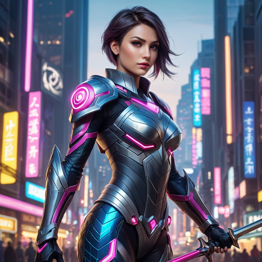 Fiora from League of Legends with geometric tattoos forming intricate patterns on her skin, standing in a futuristic cityscape with neon lights reflecting off her polished armor, her rapier ready for combat.