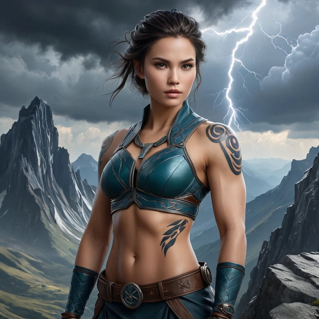 A powerful Vex with ancient rune tattoos, standing atop a mountain peak, with storm clouds brewing in the background and lightning striking around them.