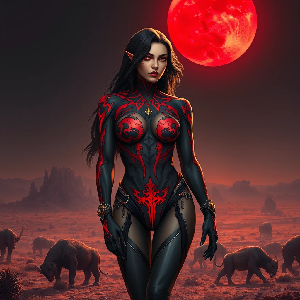 Vayne, the nightstalker, her body decorated with bold, tribal tattoos that glow faintly in the dark, standing in a desolate wasteland under a blood-red moon.