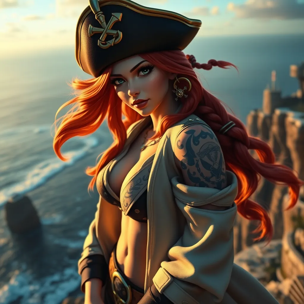 Miss Fortune from League of Legends, her skin adorned with nautical-themed tattoos, wearing a pirate captain's hat and a long coat, standing on a cliff overlooking a vast ocean, the sunset casting a golden glow on her, highly detailed, ultra-realistic, 6K resolution