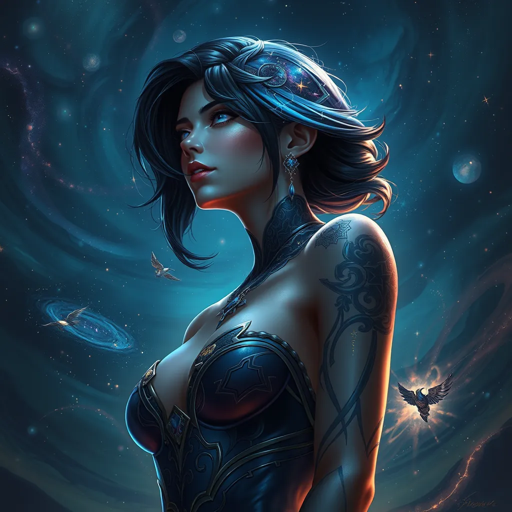 Fiora from League of Legends with celestial tattoos of stars and constellations on her shoulders and neck, standing under a night sky filled with swirling galaxies, her eyes reflecting the cosmic light.