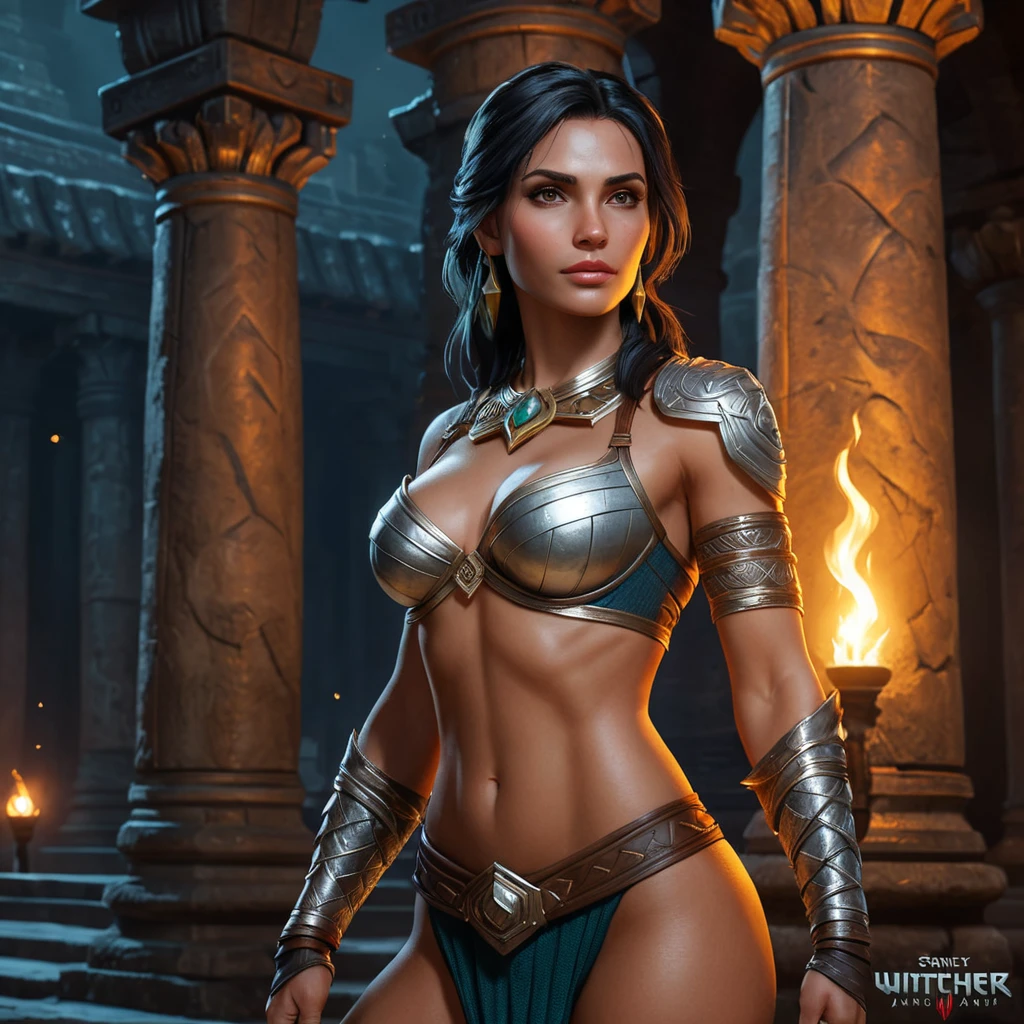 Nidalee, the powerful warrior from The Witcher 3, with tattoos that shimmer with ancient magic, standing in a grand, ancient temple, surrounded by towering stone pillars and flickering torchlight.