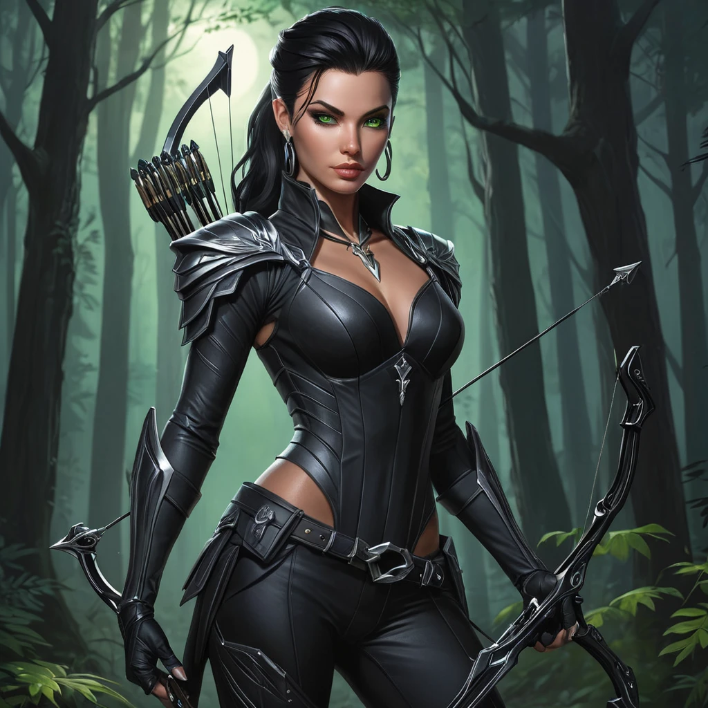 Vayne, the nocturnal huntress with piercing green eyes and a sleek, black outfit, her skin adorned with dark, shadowy tattoos that seem to shift and move, standing in a moonlit forest with a silver crossbow in hand.