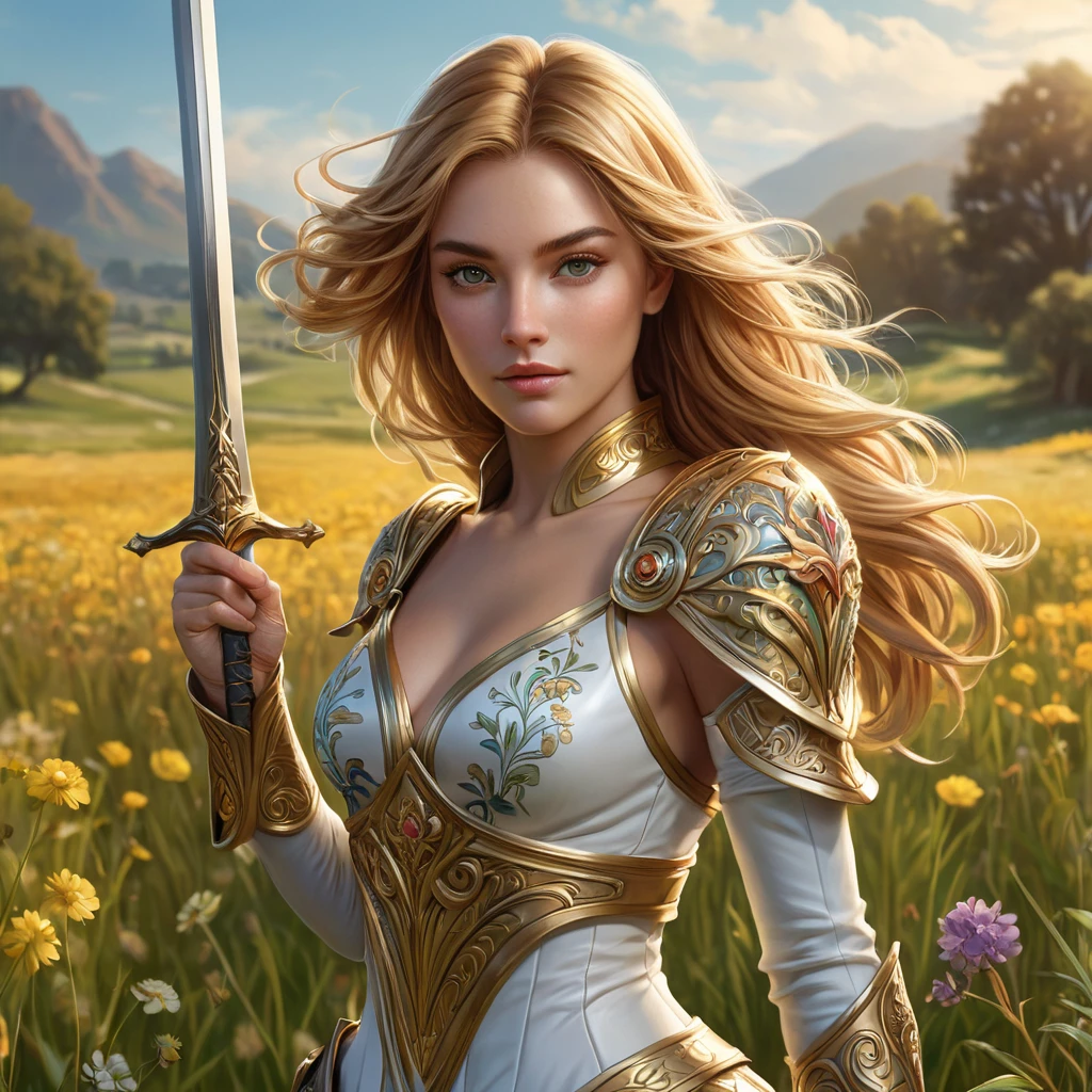 Fiora, the graceful duelist with flowing golden hair, adorned with intricate floral tattoos that bloom like wildflowers across her arms and back, standing in a sunlit meadow with a sword in hand, her eyes sharp and determined.