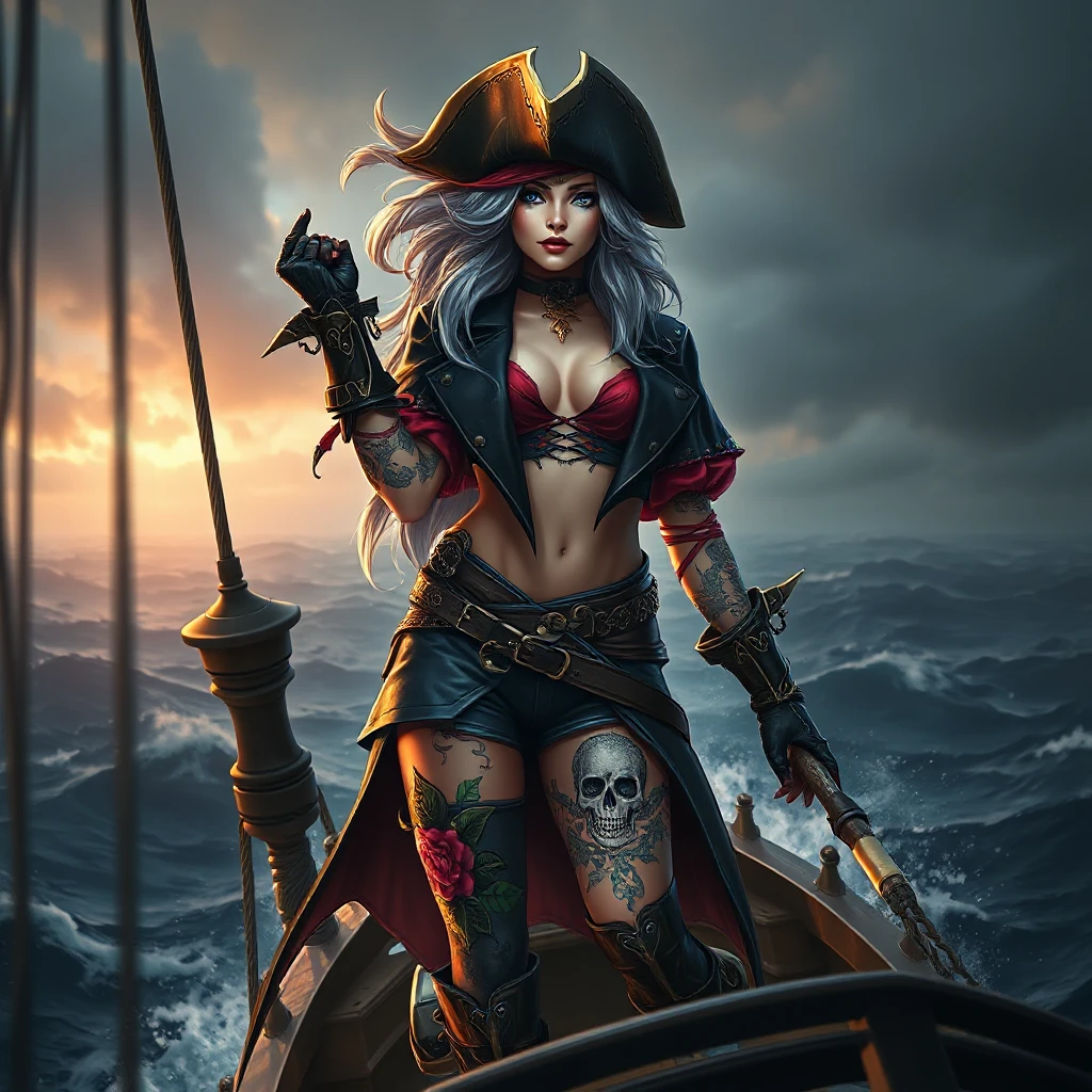 Miss Fortune from League of Legends, her arms and legs covered in intricate floral and skull tattoos, wearing a classic pirate outfit with a modern twist, standing on the bow of her ship as it sails through a stormy sea, cinematic lighting, highly detailed, 4K resolution