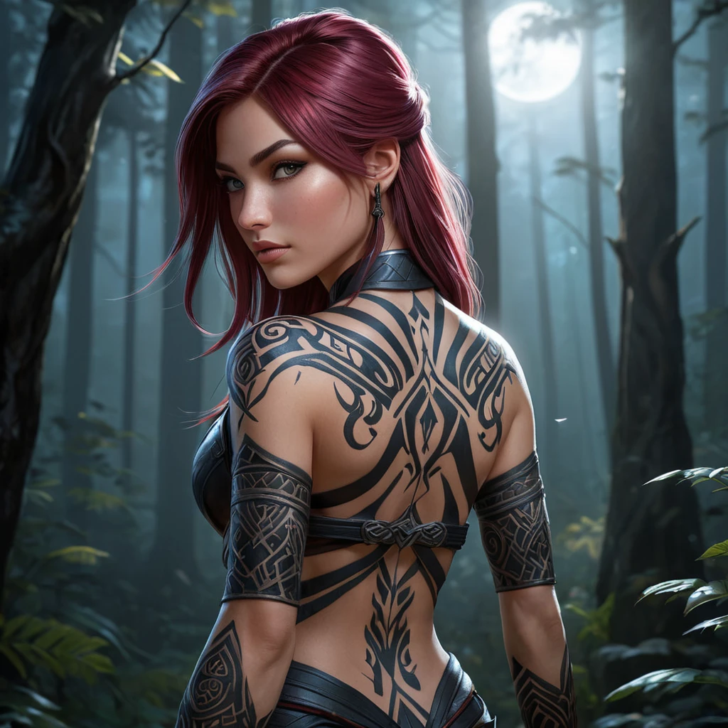 Katarina from League of Legends with intricate tribal tattoos covering her arms and back, standing in a dark, mystical forest with glowing runes illuminating her skin, her daggers glinting in the moonlight.