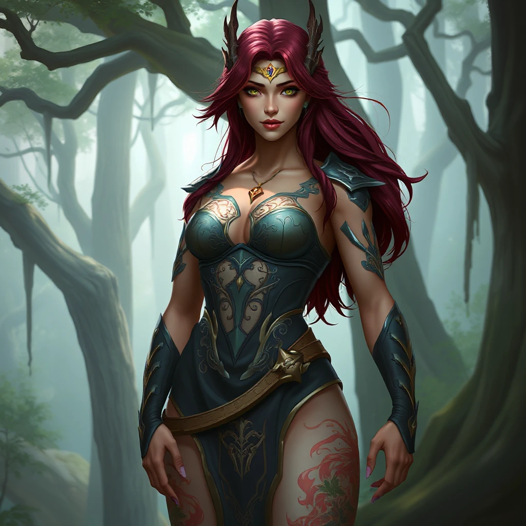 Fiora from League of Legends with dragon tattoos winding around her arms and chest, standing in a misty forest with ancient trees towering around her, her presence exuding strength and grace.