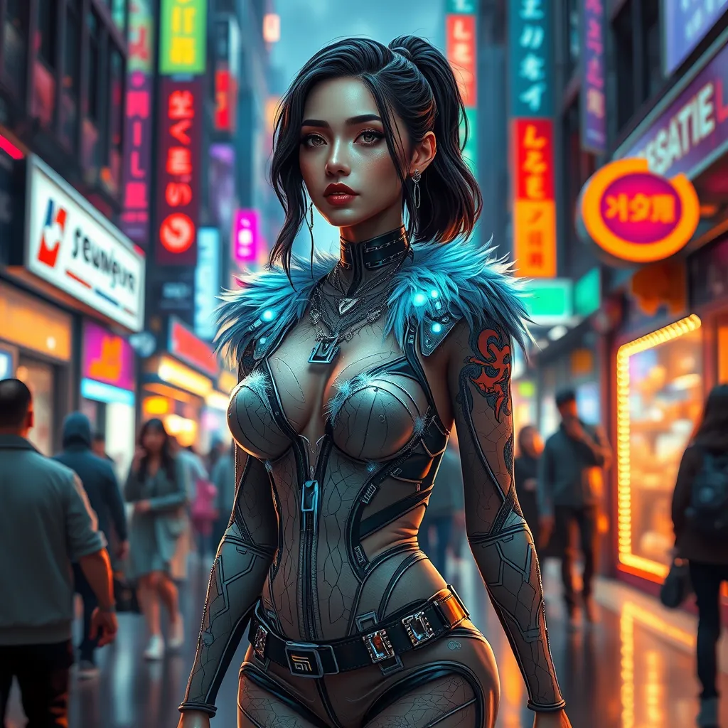 Sona, in a futuristic, cyber-leathered outfit with digital, animated tattoos that sync with her music, walking down a bustling, neon-lit street of a futuristic city, her eyes serene and focused as she navigates the crowd.