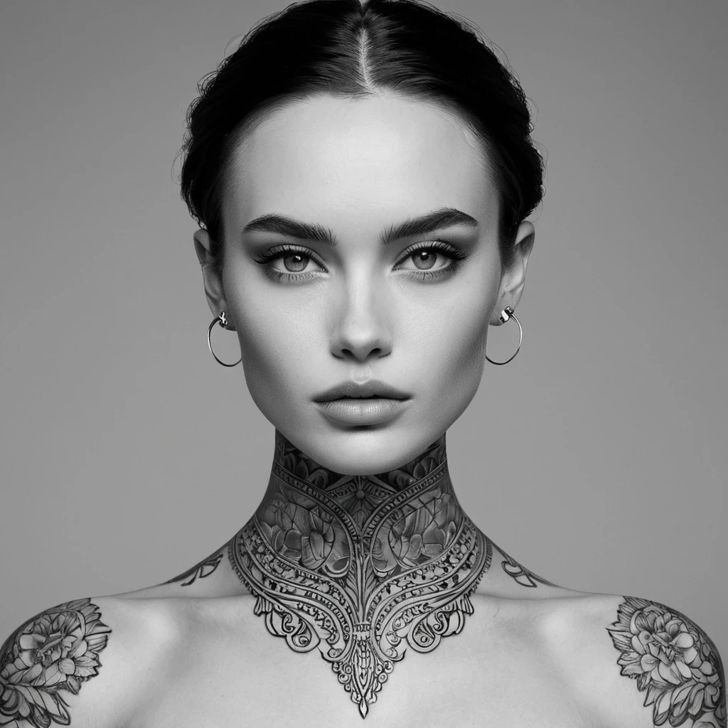 A close-up of Quinn's face, her features delicate yet strong, with tattoos that weave around her neck and jawline, creating a striking contrast against her smooth, porcelain skin, set against a minimalist, monochrome background.