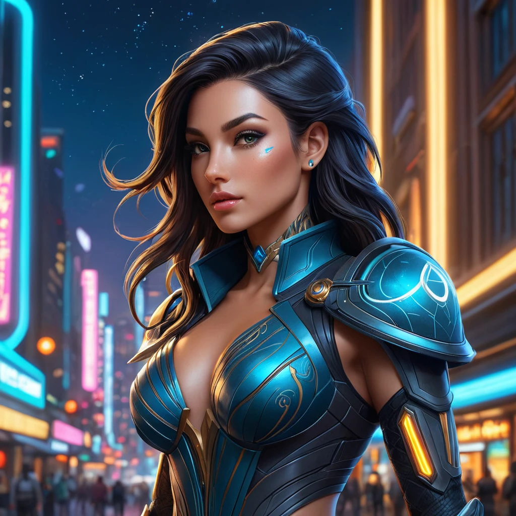 Sivir, the legendary bounty hunter, her skin decorated with intricate, celestial tattoos that reflect her connection to the stars, standing in a futuristic cityscape with neon lights illuminating her path.